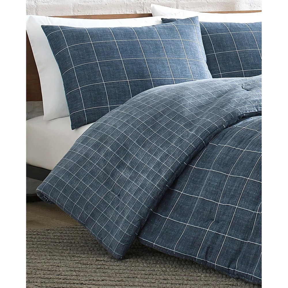 Kenneth Cole New York Full/Queen Duvet 2 Shams Navy Cotton Squares Grid NWOT